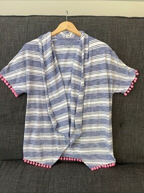 Vineyard Vines Blue & White Striped  Hooded Cardigan with Pink Pom Trim